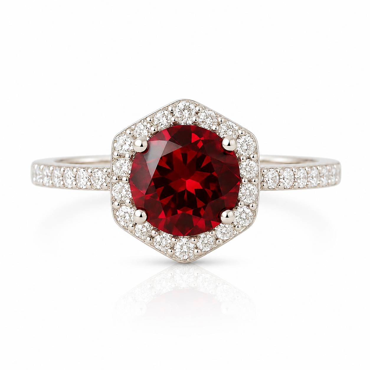 Ruby Red Hexagon Halo Ring
