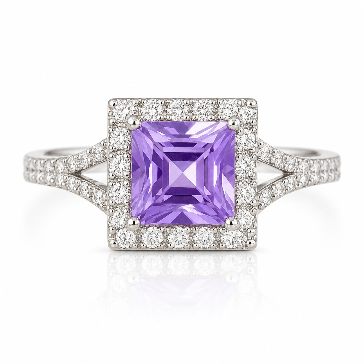 Amethyst Lavender Princess Cut Halo Ring