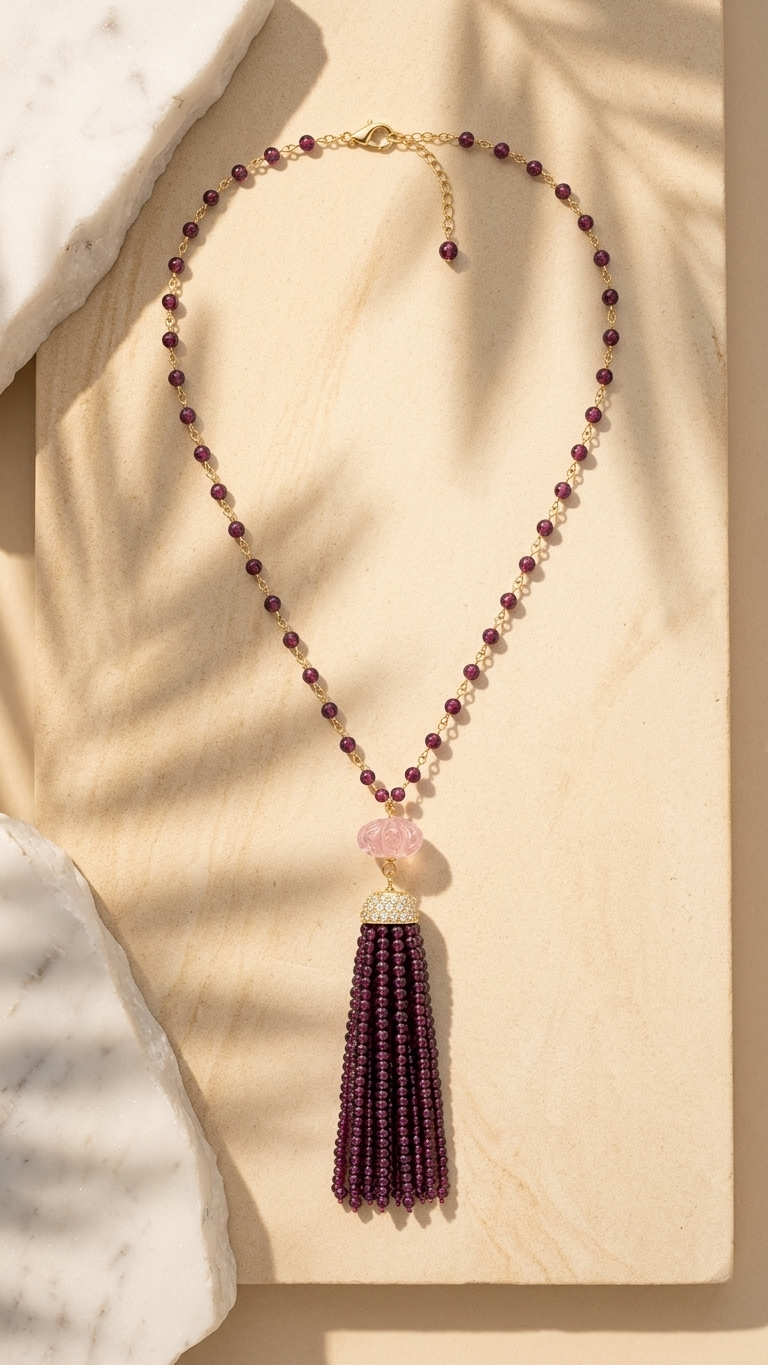 Garnet & Strawberry Quartz Tassel Necklace