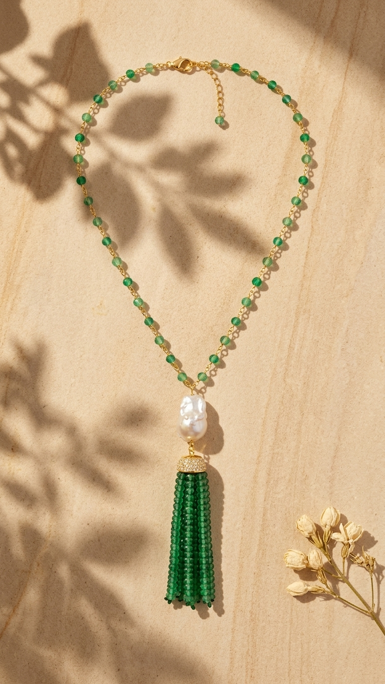 Green Onyx & Pearl Tassel Necklace