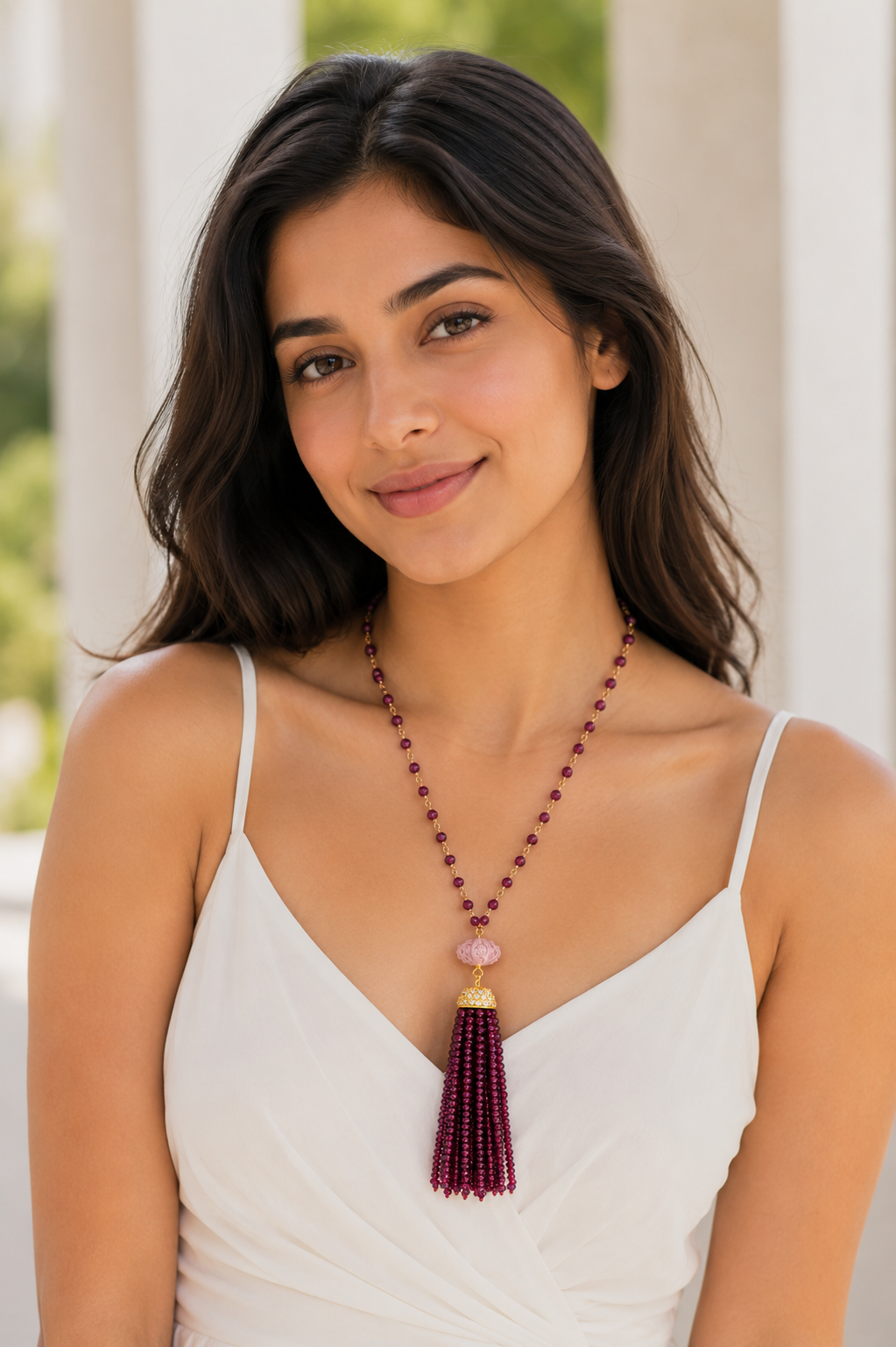 Garnet & Strawberry Quartz Tassel Necklace