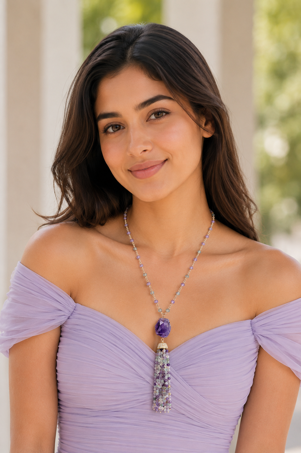 Fluorite & Amethyst Tassel Necklace
