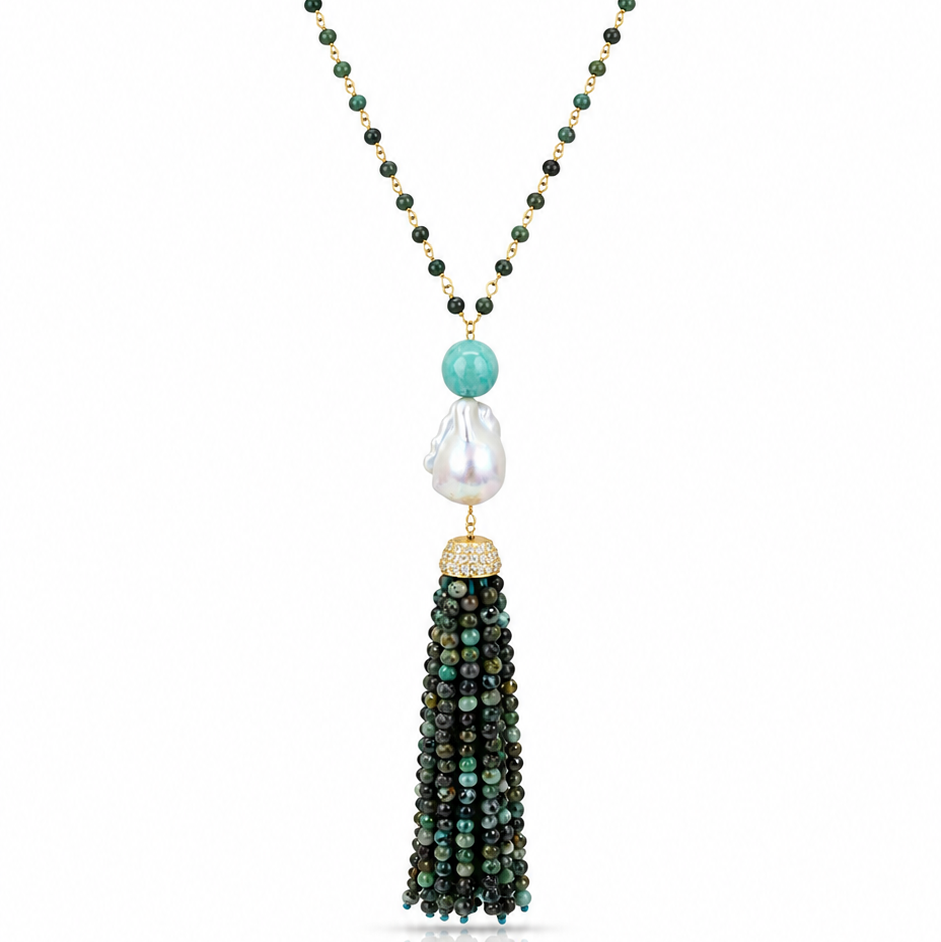Turquoise & Pearl Tassel Necklace