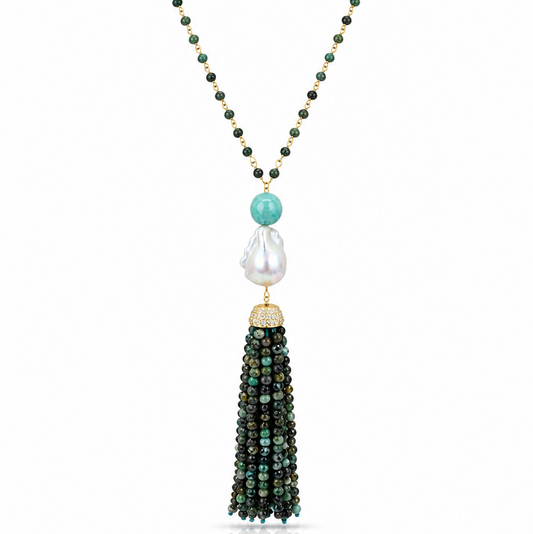 Turquoise & Pearl Tassel Necklace
