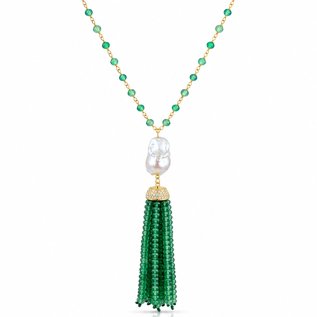 Green Onyx & Pearl Tassel Necklace
