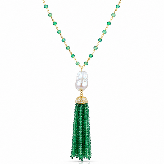 Green Onyx & Pearl Tassel Necklace