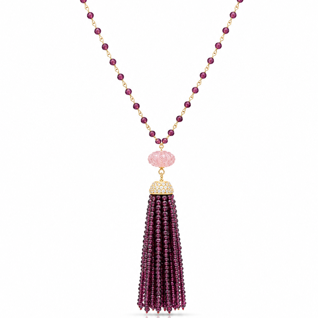 Garnet & Strawberry Quartz Tassel Necklace