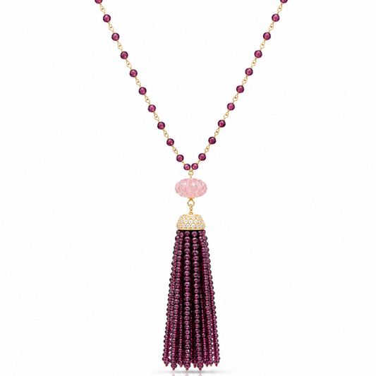 Garnet & Strawberry Quartz Tassel Necklace