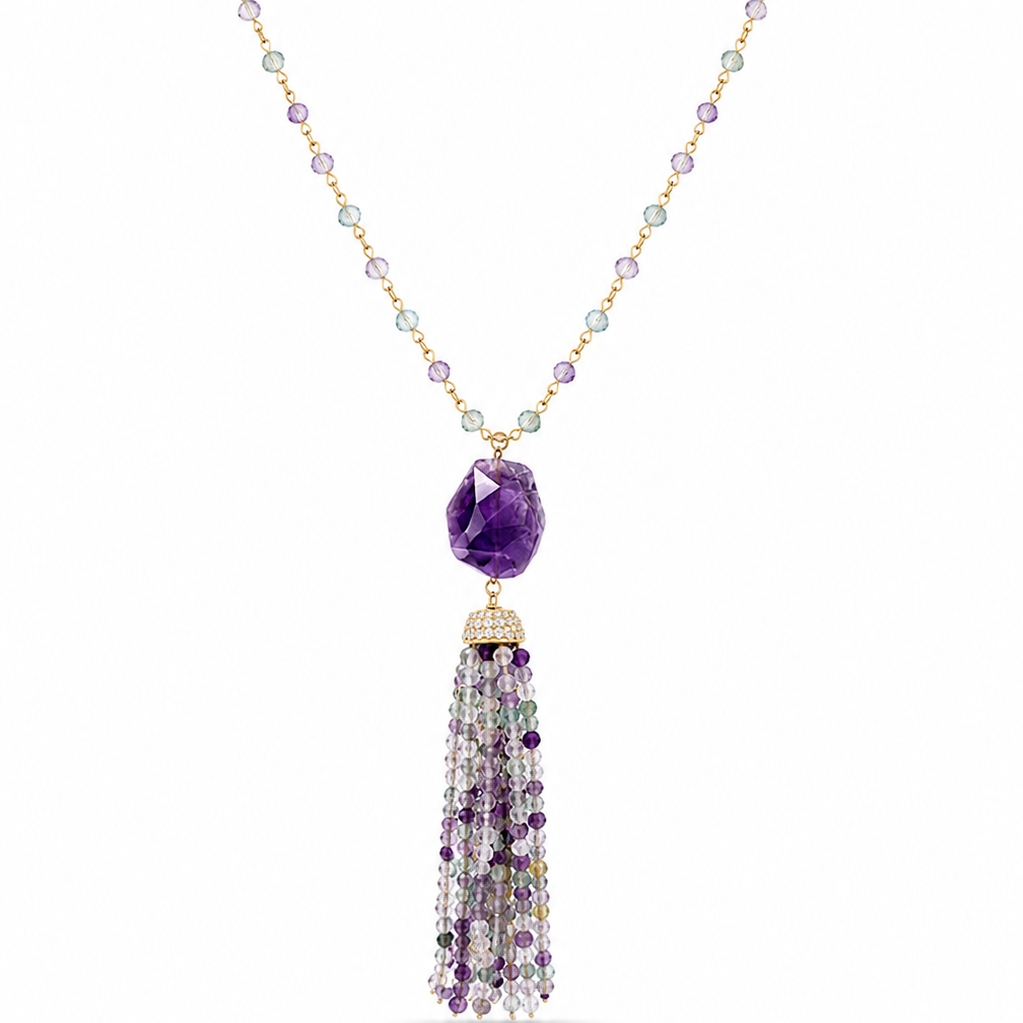 Fluorite & Amethyst Tassel Necklace