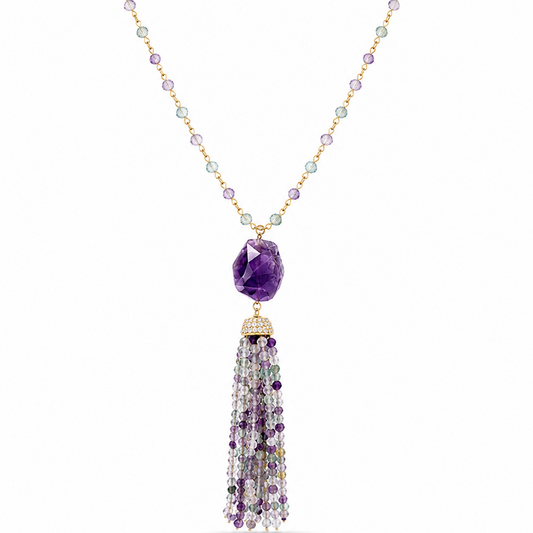 Fluorite & Amethyst Tassel Necklace