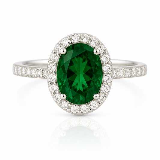 Emerald Green Oval Halo Ring