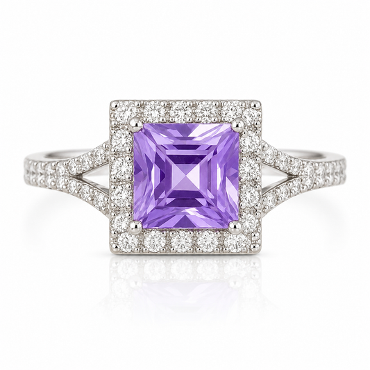 Amethyst Lavender Princess Cut Halo Ring