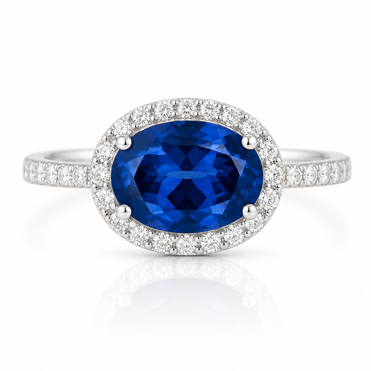 Sapphire Blue Oval Halo Ring