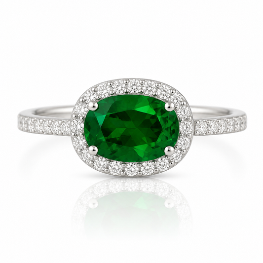 Emerald Green Oval Halo Ring