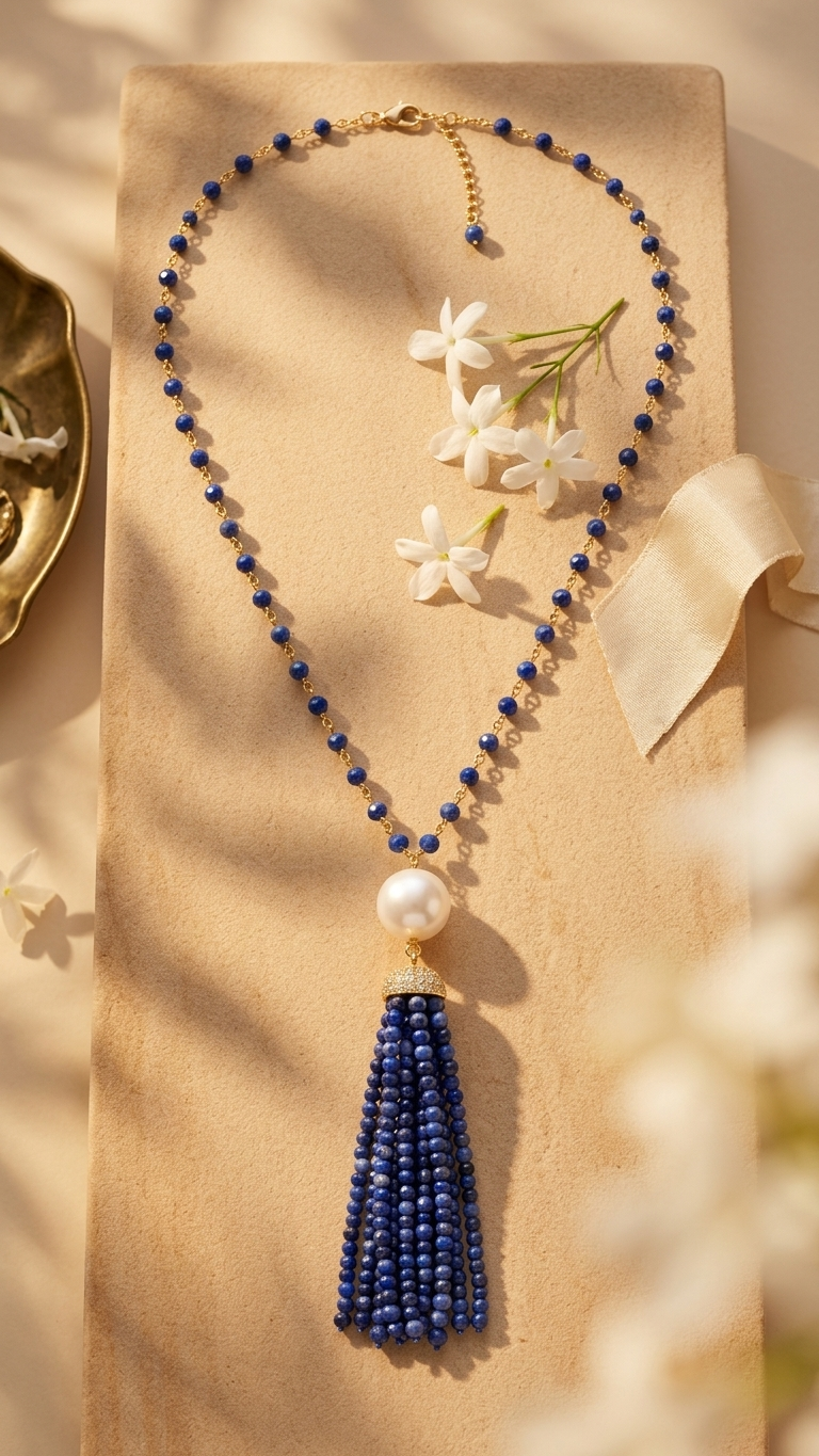 Sodalite & Pearl Tassel Necklace