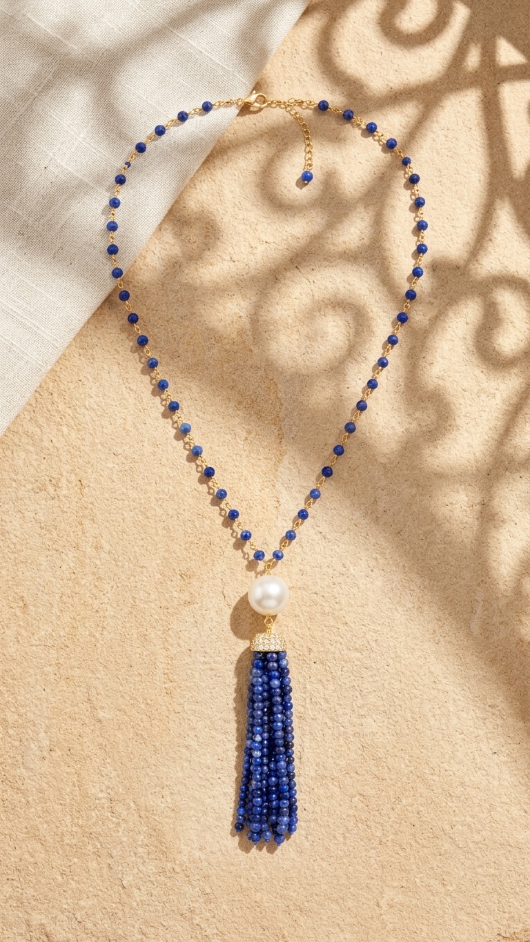 Sodalite & Pearl Tassel Necklace