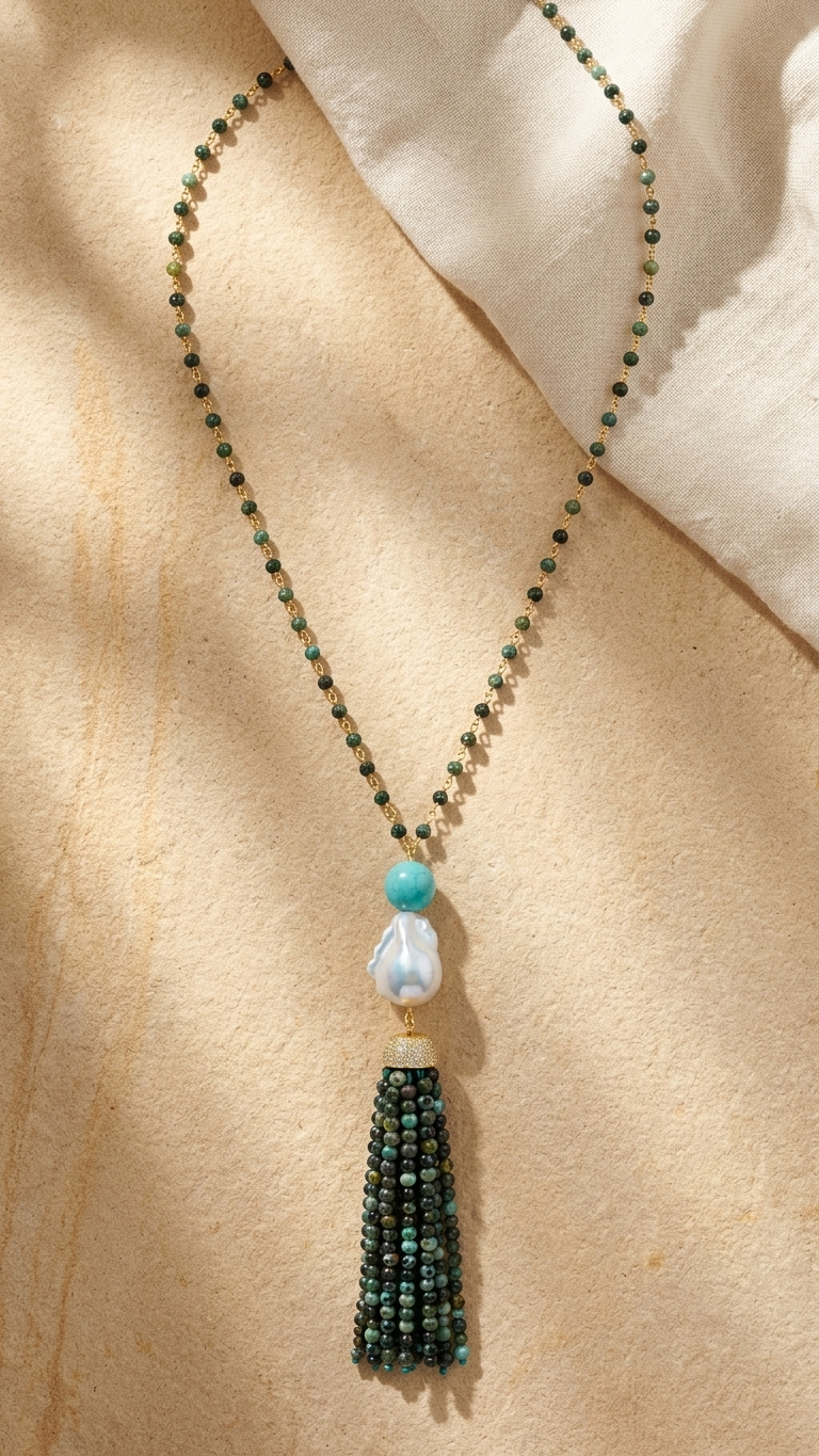 Turquoise & Pearl Tassel Necklace