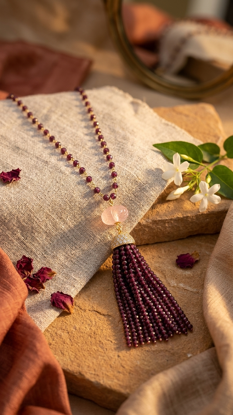 Garnet & Strawberry Quartz Tassel Necklace
