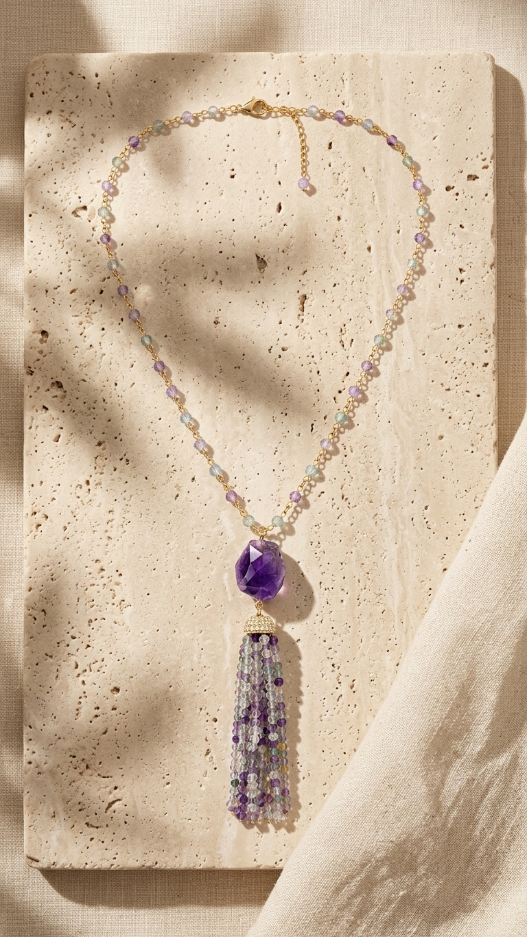 Fluorite & Amethyst Tassel Necklace