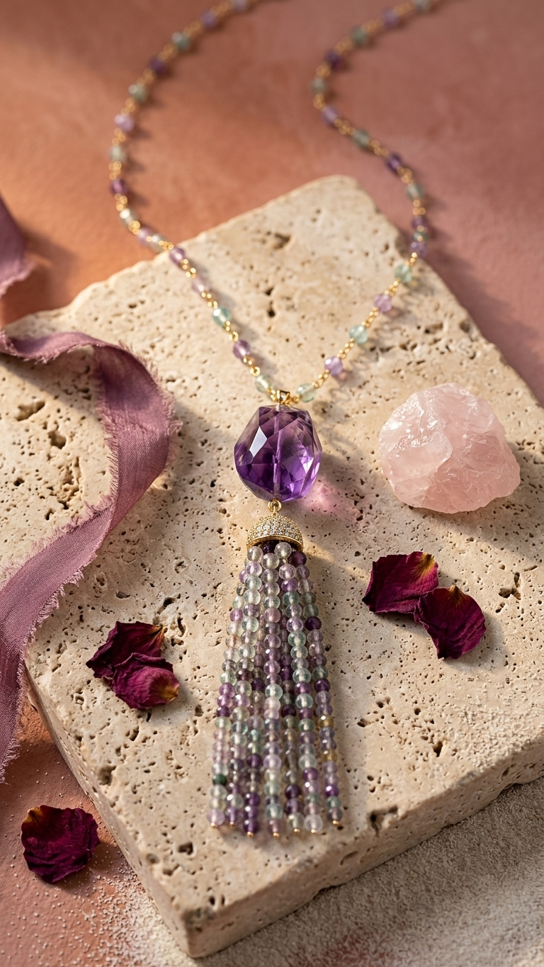 Fluorite & Amethyst Tassel Necklace