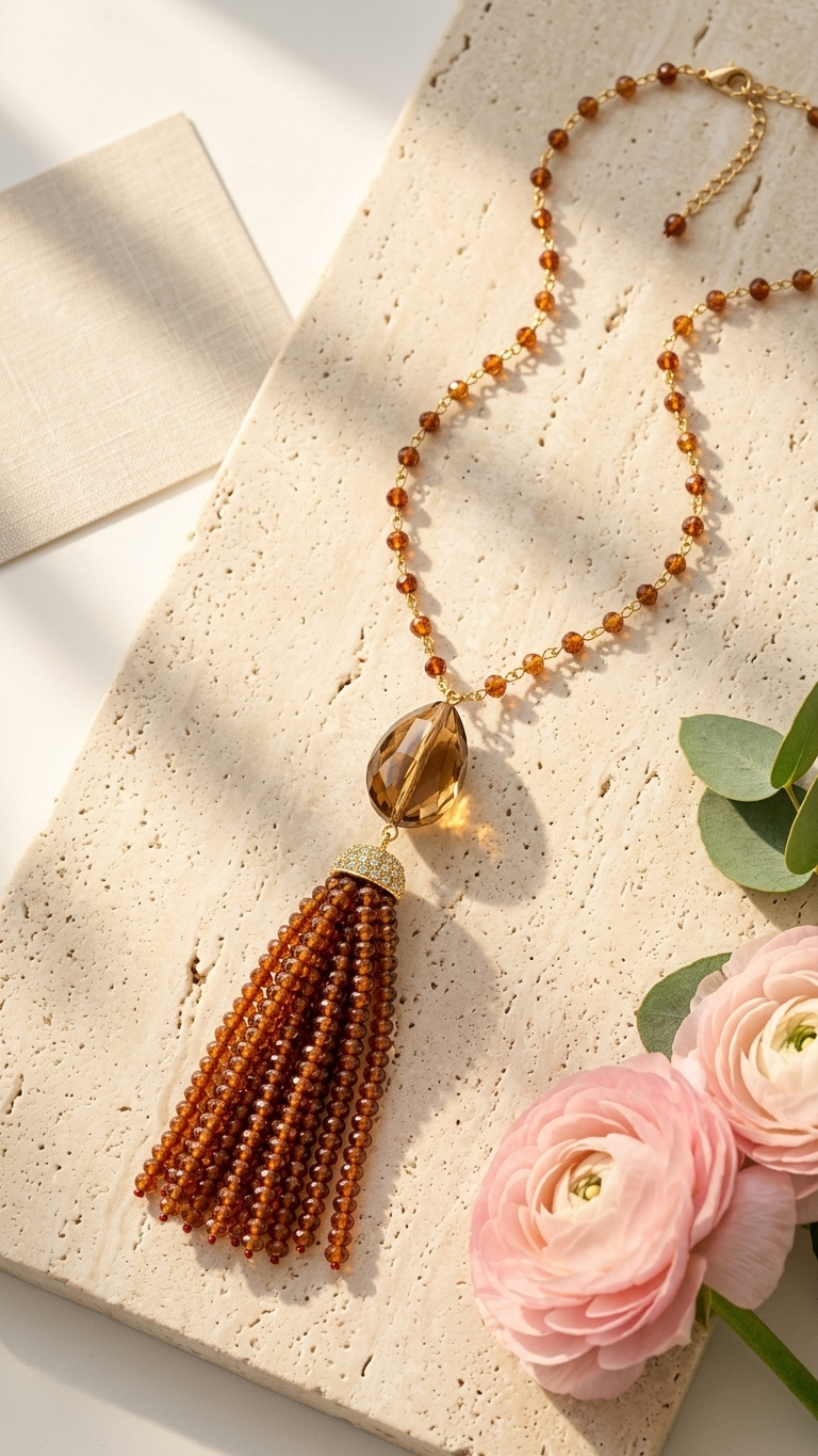 Sunstone & Beer Quartz Tassel Necklace