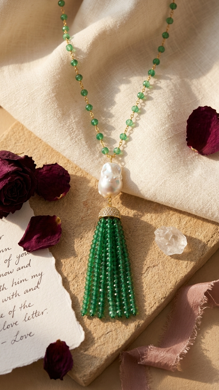 Green Onyx & Pearl Tassel Necklace